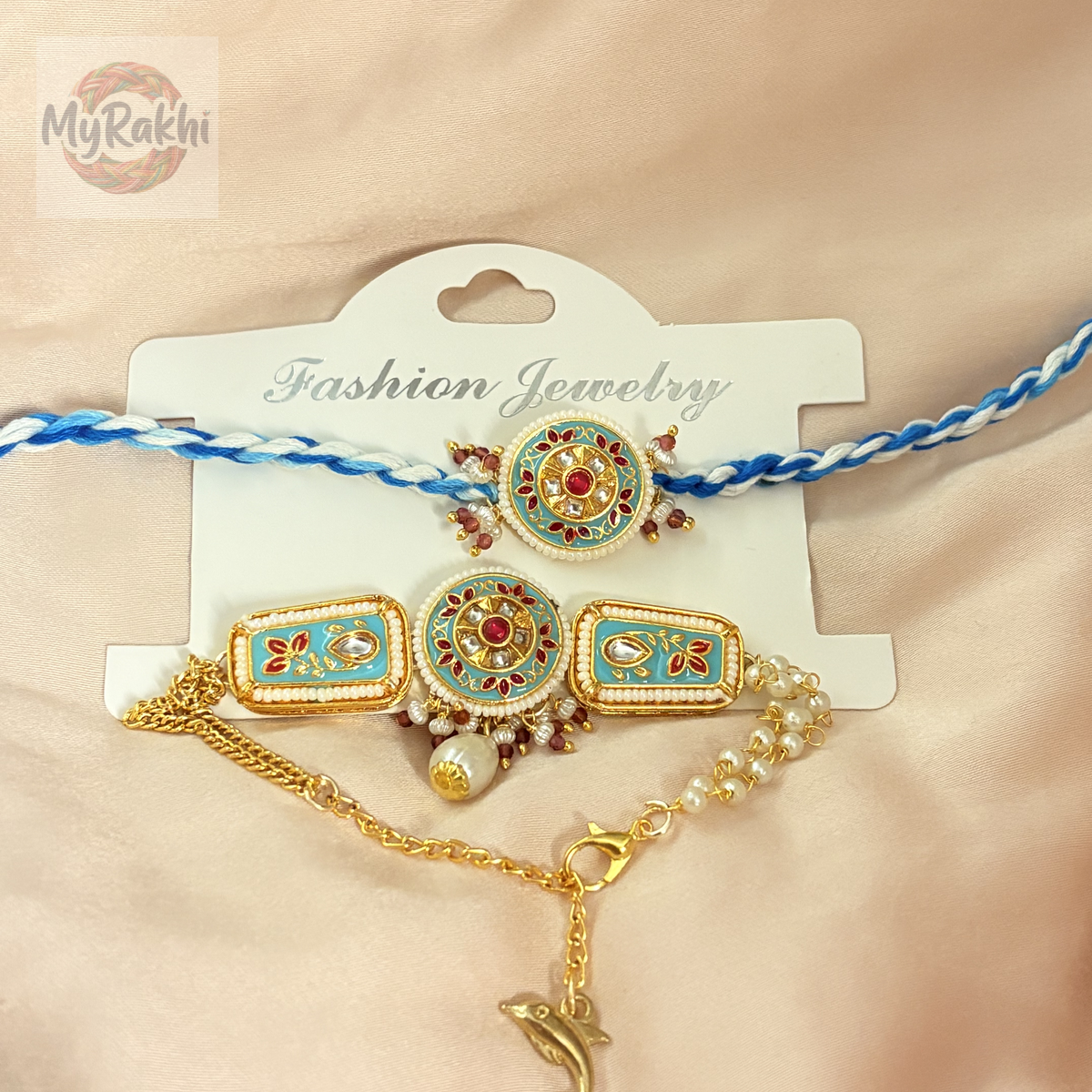 This designer rakhi showcases ethnic artistry with vibrant colors and specialized thread work, perfect for traditional celebrations.
