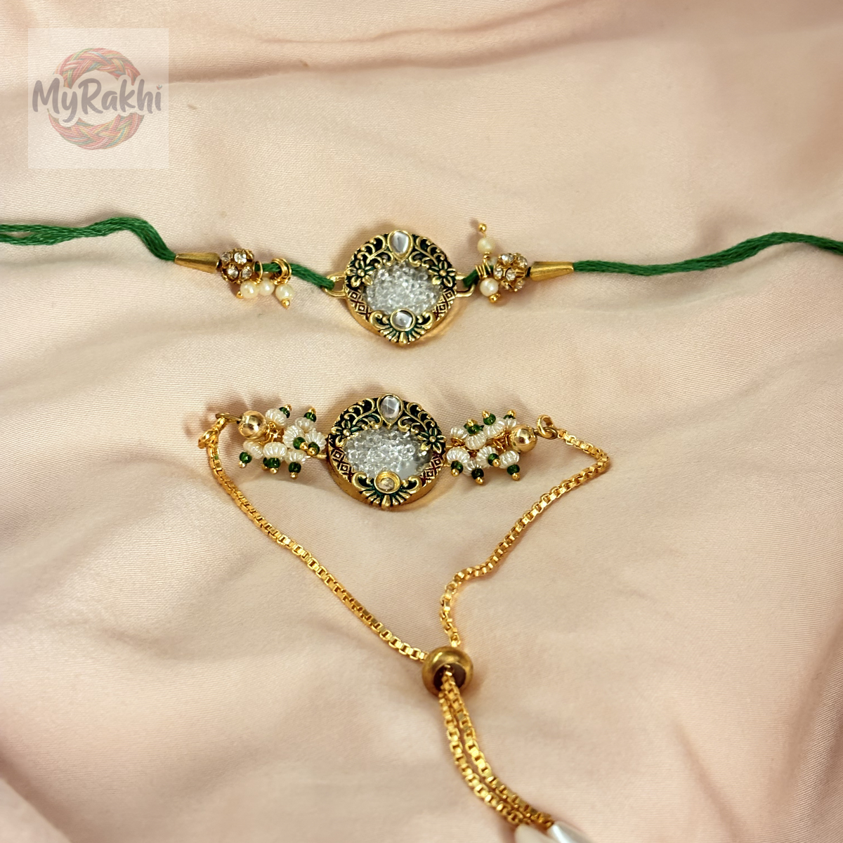 Featuring zardosi-inspired embroidery and metallic wire details, this rakhi represents the pinnacle of traditional Indian textile art.