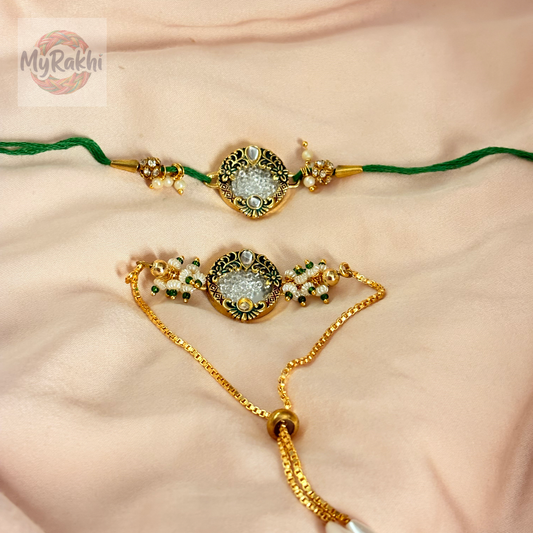Featuring zardosi-inspired embroidery and metallic wire details, this rakhi represents the pinnacle of traditional Indian textile art.
