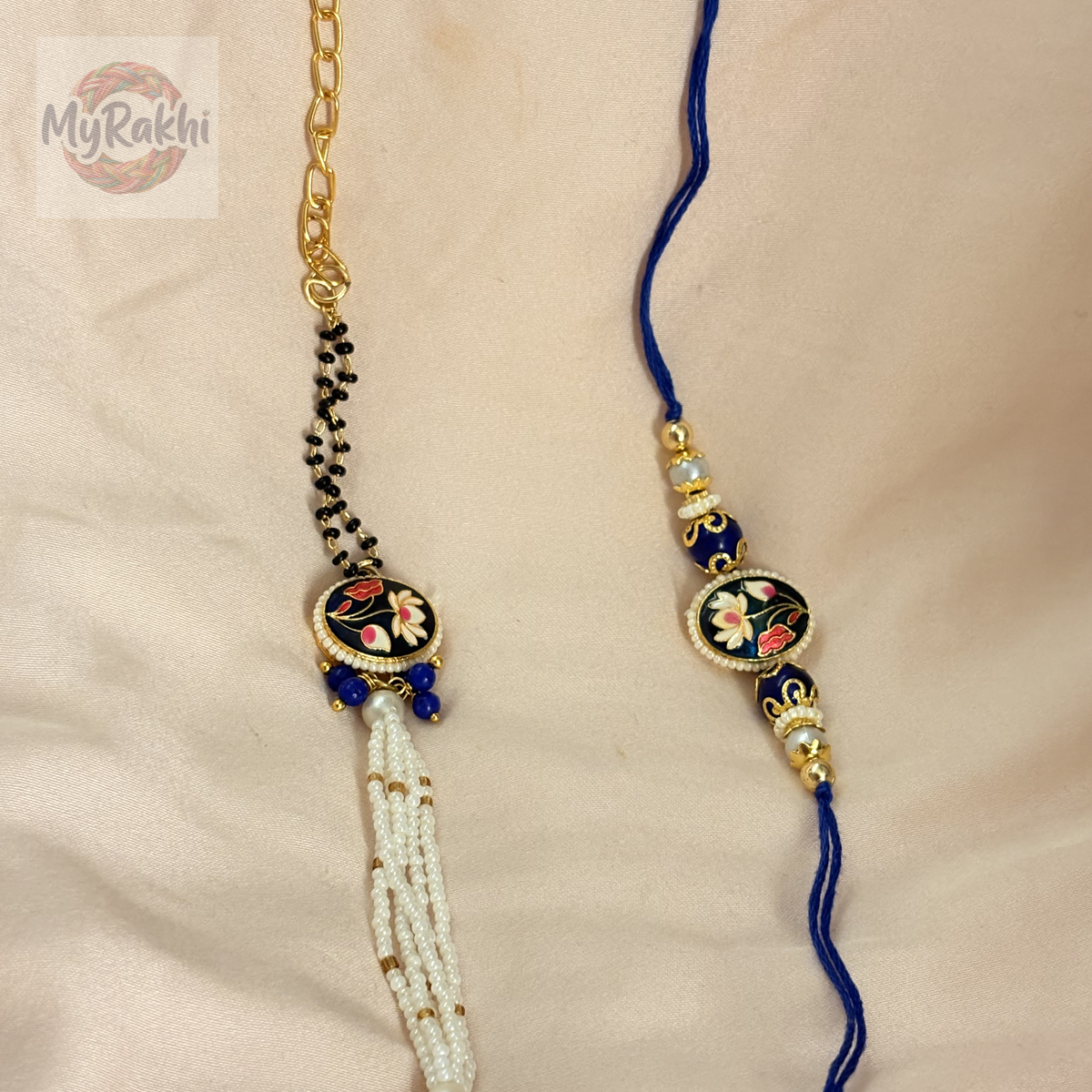 A vibrant and playful rakhi accented with festive charms and colorful beads, ideal for adding a touch of joy to the ceremony.