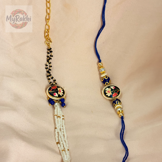 A vibrant and playful rakhi accented with festive charms and colorful beads, ideal for adding a touch of joy to the ceremony.